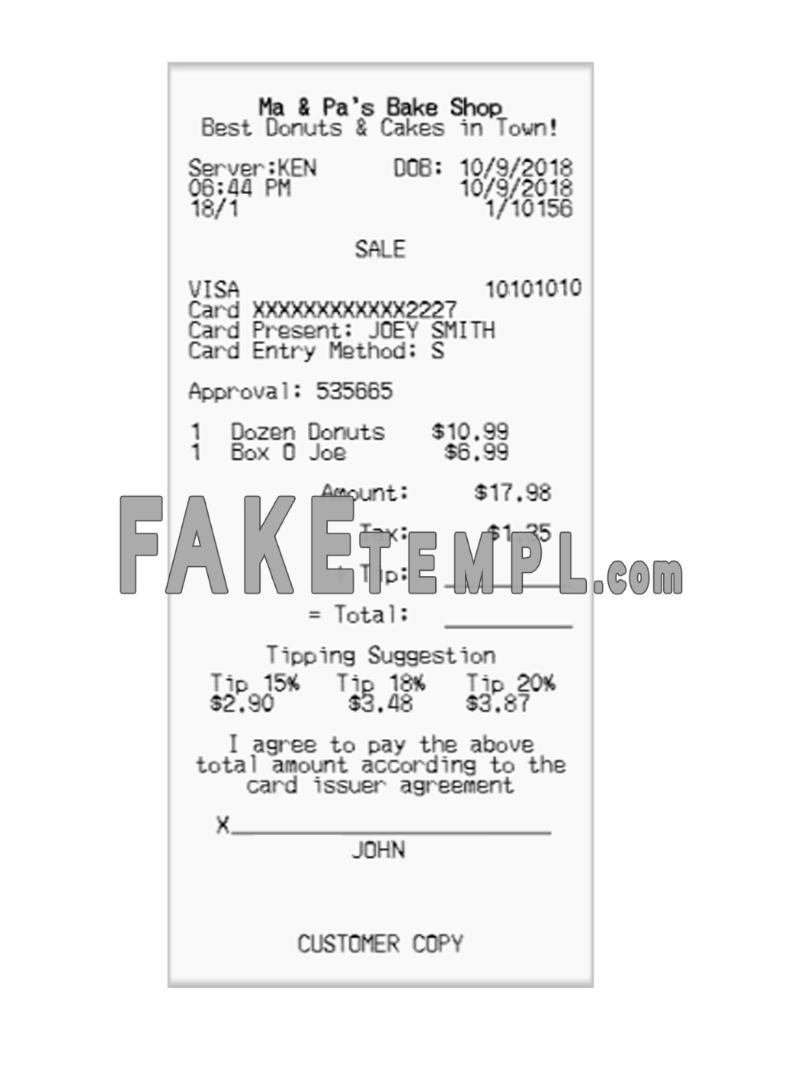 MA & PA'S BAKE SHOP fake payment receipt photoshop template PSD